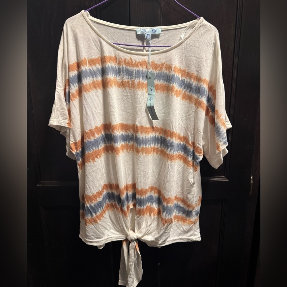 She and Sky Tie-Dye Short Sleeve Top - Cream, Orange, Blue